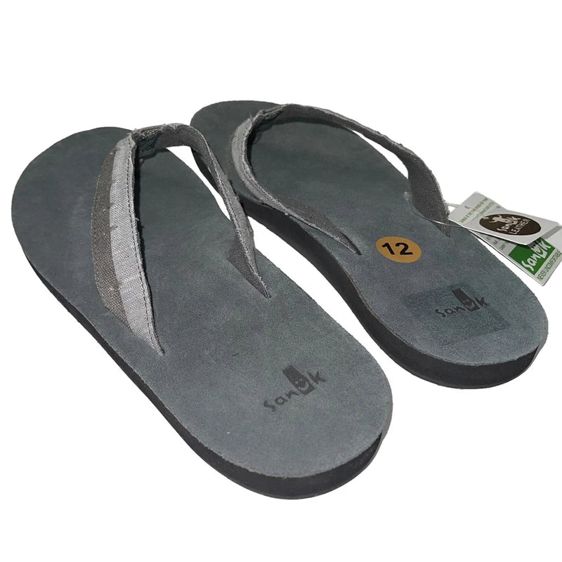 Sanuk Flip Flops Mens Gray Suede Leather Comfort Canvas Sandals Slippers Dr Fray