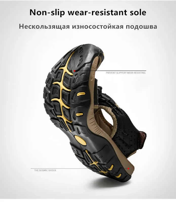 Summer Men's Leather Sandals Outdoor Beach Shoes Comfort Casual Lackk Up Slipper