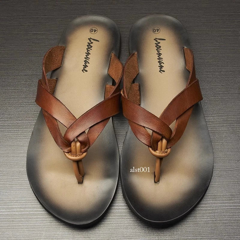 Summer Sandals New Men's Flip Flops Beach Shoes Leather Flats Casual Slippers Sz