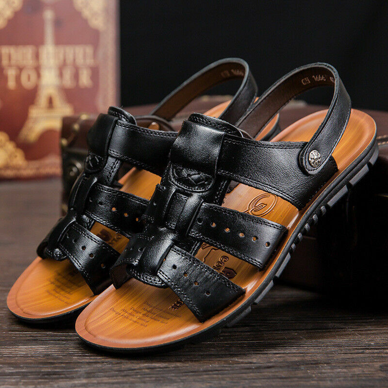 New Men Sandals Leather Shoes Open Toe Flats Slip On Beach Fisherman Shoes