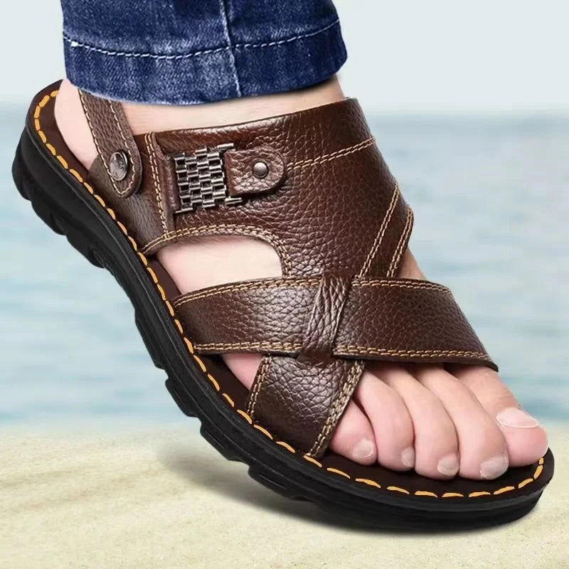 Summer Men Leather Sandals Genuine Leather Non-slip Men Shoes Slippers Outdoor T