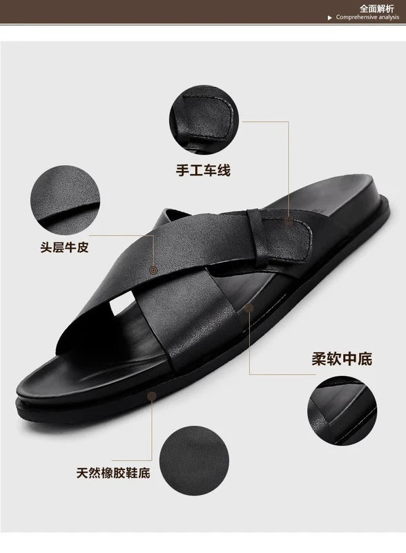Roman Style Mens Open Toe Sandals Slippers Real Leather Flat Shoes Beach Outdoor