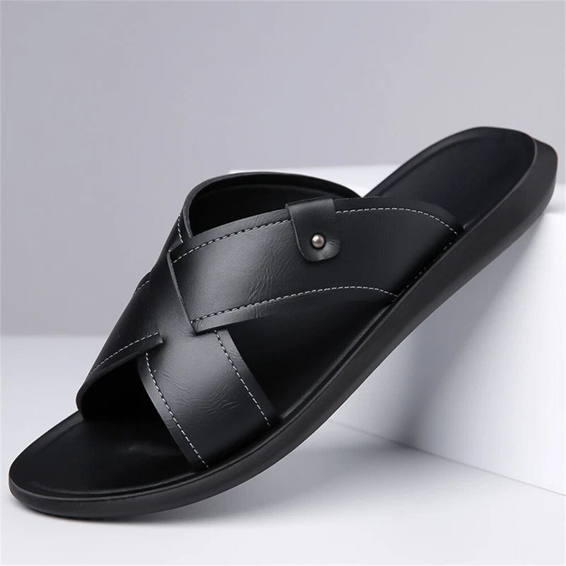 Men's Leather Slide Sandal Outdoor Sports Casual Slippers Beach Sandals for Men