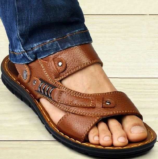 Men's casual leather open toe gladiator beach sport sandal slipper black brown