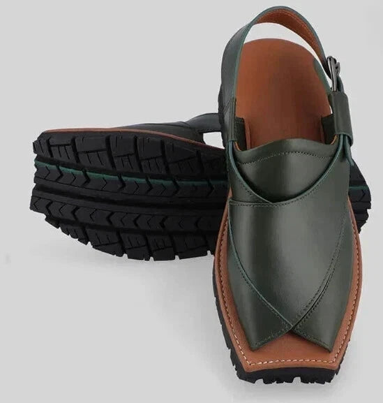 Handcrafted Men's Mustard Green Peshawari Chappal Pure Leather Men's Sandals Men