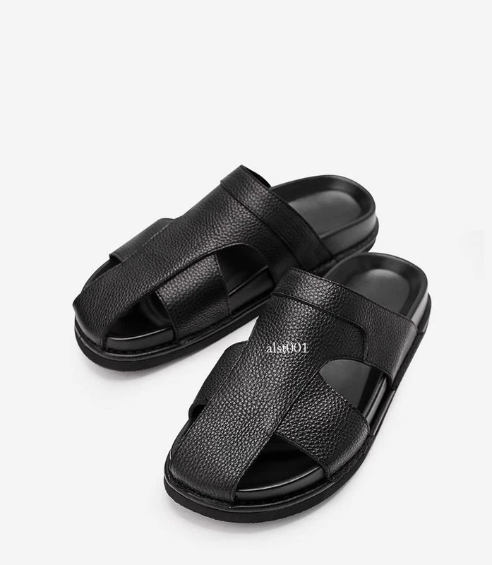 Mens Cowhide Slippers Outdoor Breathable Sandals Anti Slip Beach Casual Slippers