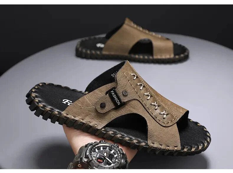 Chic Mens Open Toe Faux Leather Slippers Sandal Casual Beach Outdoor Flat Summer