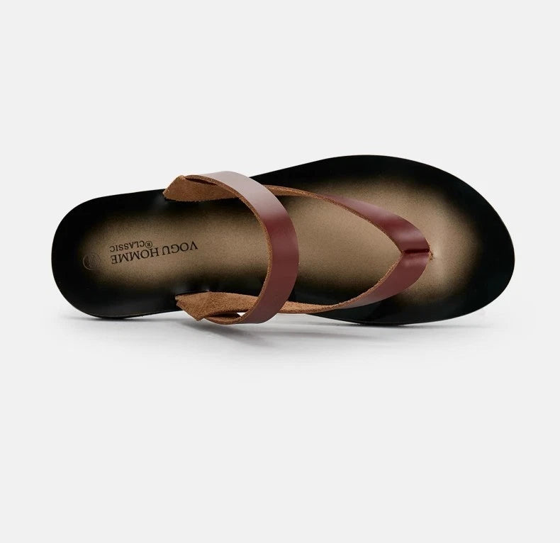 Men's Cowhide Slippers Casual Leather Flip Flops Breathable Slip on Beach Shoes