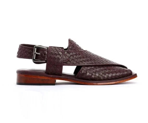 Men's Handcrafted Leather Peshawari Chappal Sandal For Men Woven Brown Leather