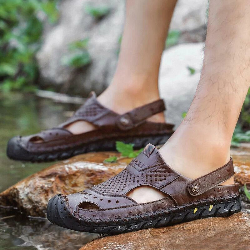 Summer Mens Casual Beach Sandals Casual Cut Out Slippers Leather Mules Outdoor