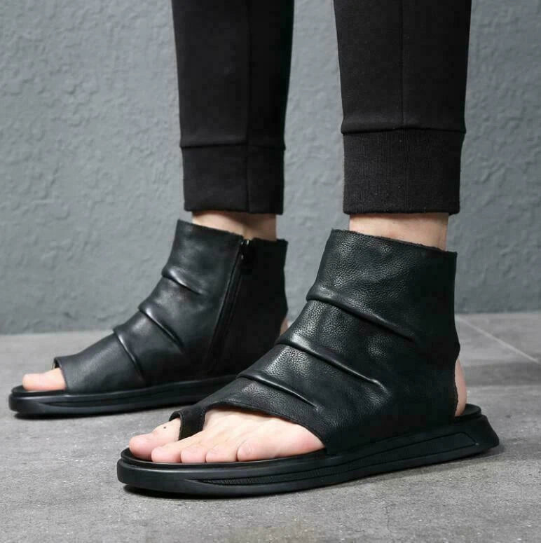 Men's Fashion Summer Roman Walking Leather Side Zip Flat Slippers Sandals Shoes