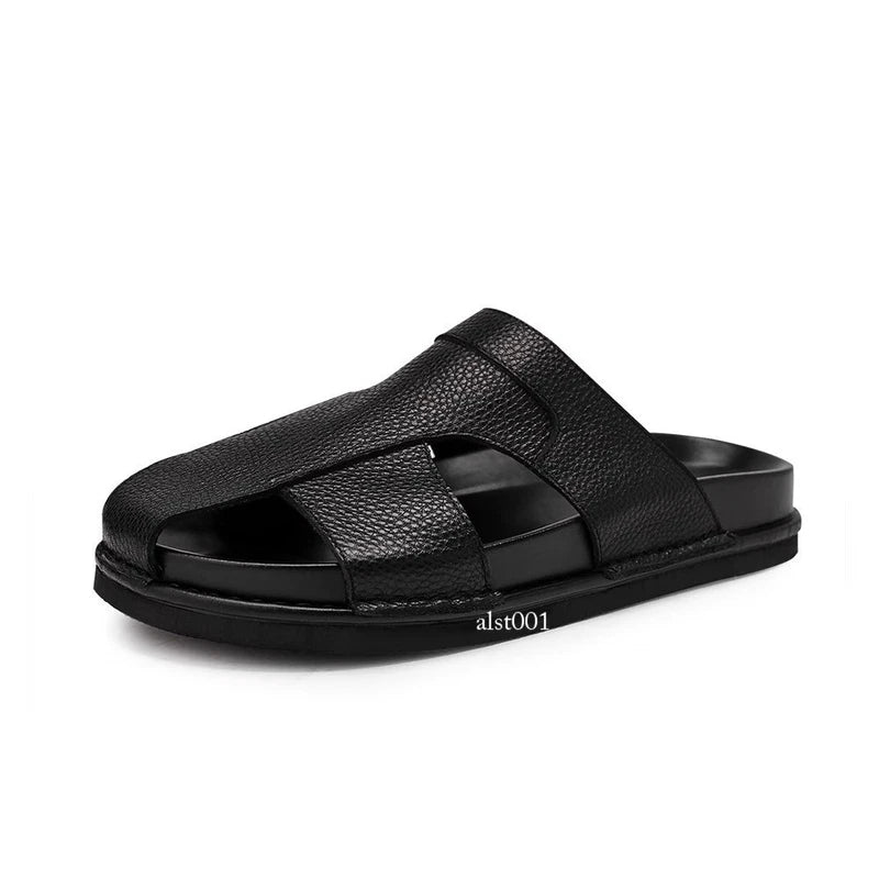 Mens Cowhide Slippers Outdoor Breathable Sandals Anti Slip Beach Casual Slippers