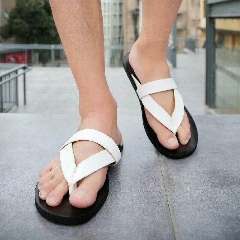 Mens Beach Outdoor Leather Sandals flip flops  Strap Shoes Anti-slip Slippers