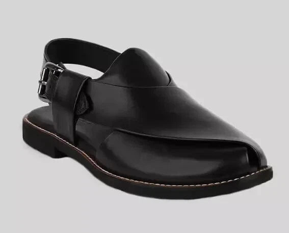 Handcrafted Men's Premium Quality Black Color Peshawari Chappal Leather Sandal
