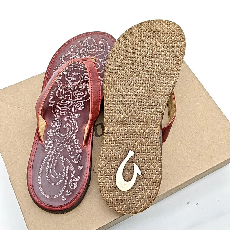 Olukai Womens 7/8/9 Paniolo Flip Flop Thong Red Leather Sandals 20129