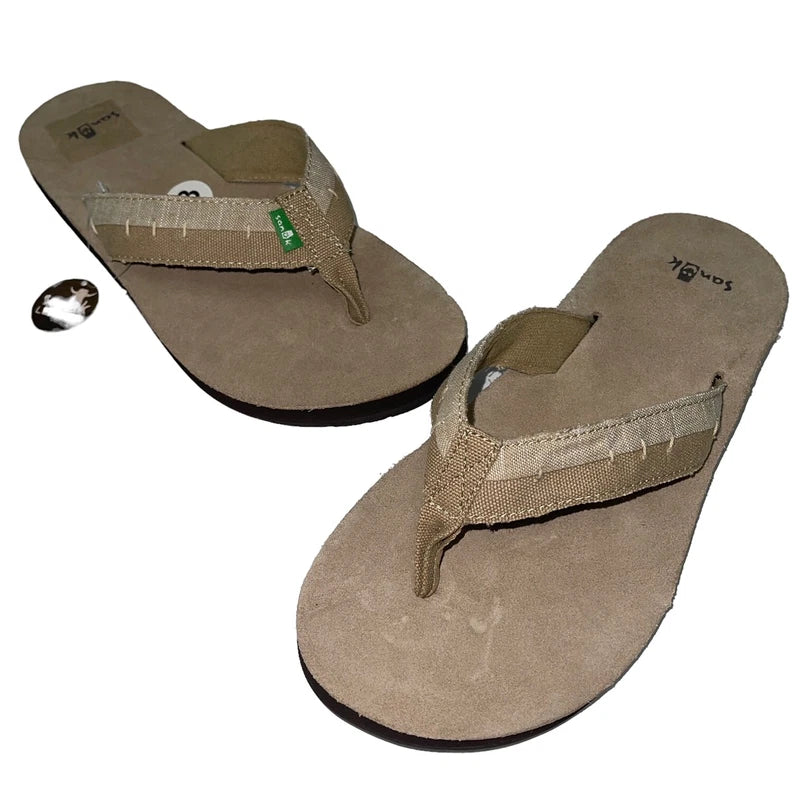 Sanuk Flip Flops Mens Brown Suede Leather Canvas Comfort Slipper Sandals Dr Fray