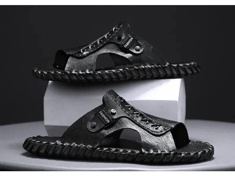 Chic Mens Open Toe Faux Leather Slippers Sandal Casual Beach Outdoor Flat Summer