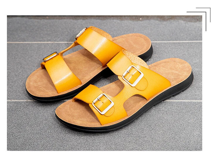 Mens Beach Summer Flats Heel Sandals Buckles Open Toe Slipper Leather Shoes 2025