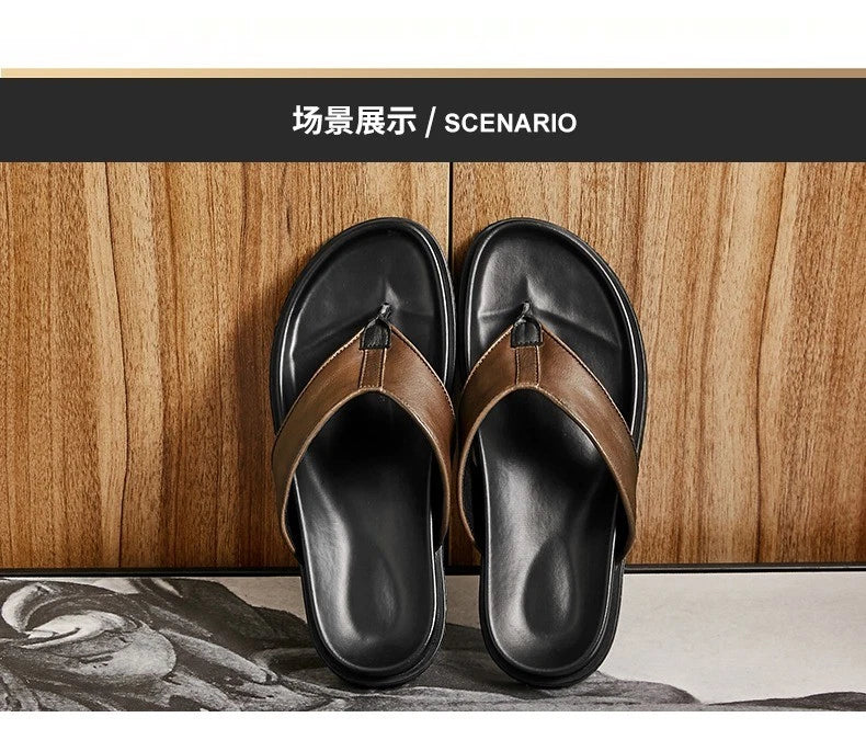 Personality Mens Flip Flops Real Leather Sandal Slipper Flat Beach Holiday Shoes
