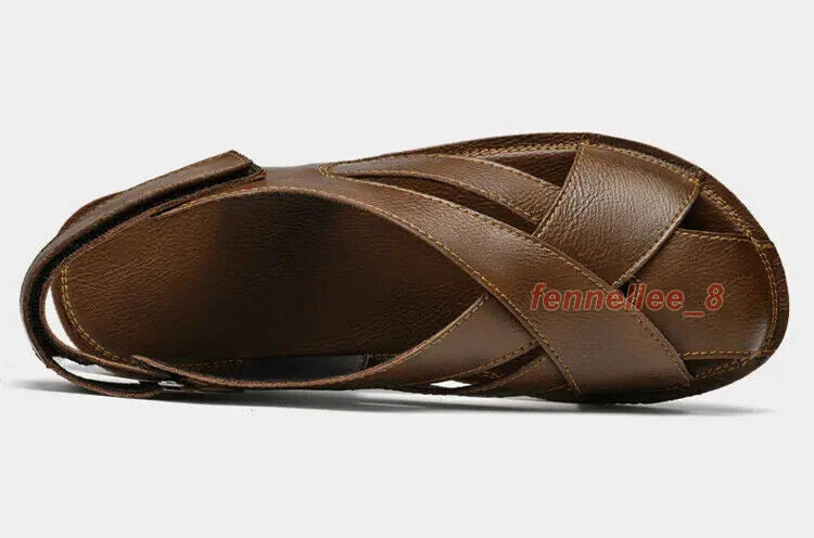 Summer Men's Hollow Out Sandals Leather Beach Shoes Non-slip Outdoor Slippers