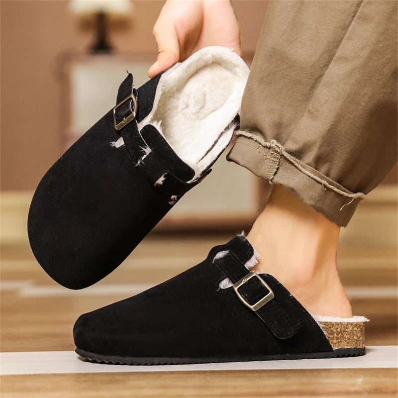 Men's Cork Clog Antislip Sole Warm Slippers Mules Sandals with Adjustable Buckle