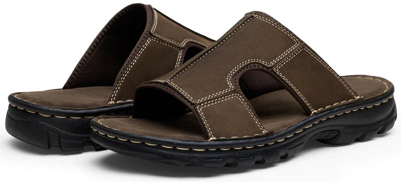 Men's Leather Slip-On Outdoor Beach Slide Sandals Slippers, Comfortable Fit