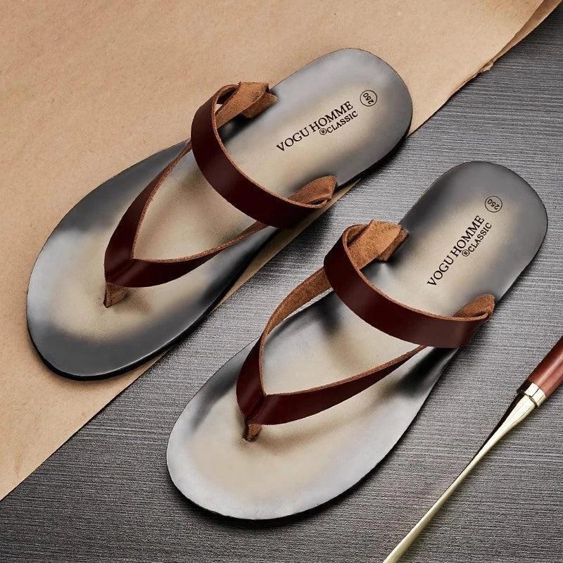 Men's Cowhide Slippers Casual Leather Flip Flops Breathable Slip on Beach Shoes