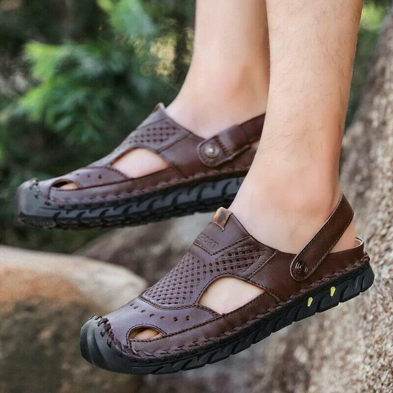 Summer Mens Casual Beach Sandals Casual Cut Out Slippers Leather Mules Outdoor