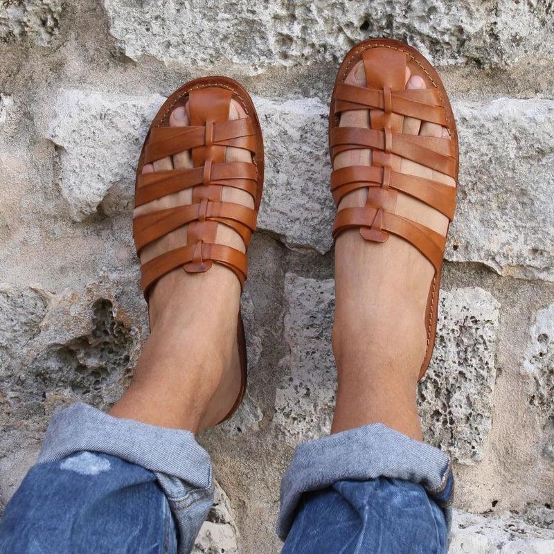 Men's Sabot Slippers with Leather Sole Made in Italy Handcrafted Cognac Leather
