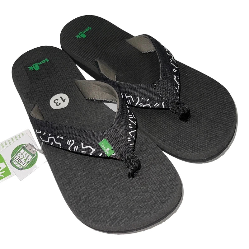 Sanuk Flip Flops Mens Black Canvas Comfort Sandals Slipper Beer Cozy Light Funk