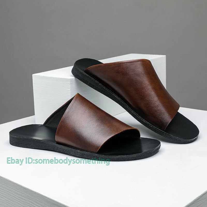 Men's Flat Leather Open Toe Breathable Outdoor Beach Slippers Sandals Shoes