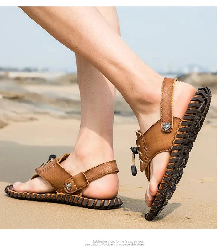 38-48 Plus Size Mens Real Leather Flip Flops Sandals Slipper Beach Holiday Shoes