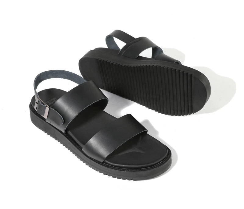 Firenze Atelier Mens Black Leather Open Toe Roman Sandals Fashion Beach Slippers