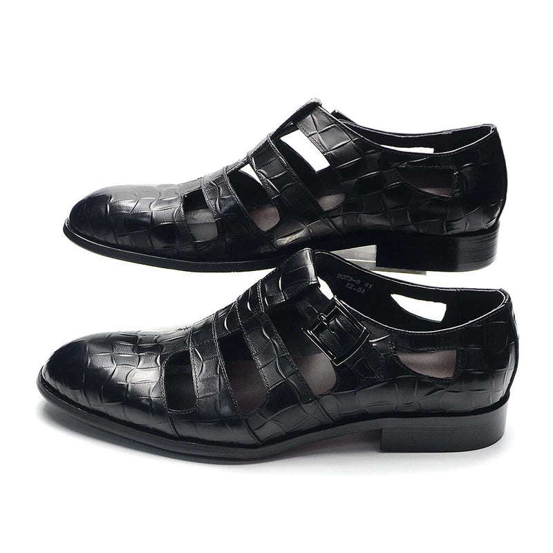 Mens Summer Embossed Leather Sandals Outdoor Casual Hollow Out Breathable Shoes
