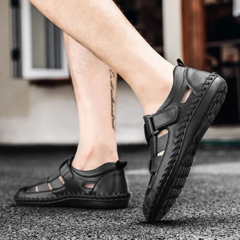 Men Leather Loafers Breathable Soft Sandals Handmade Non Slip Beach Slippers