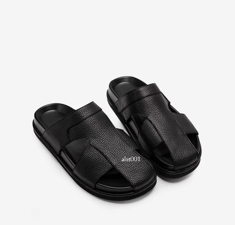 Mens Cowhide Slippers Outdoor Breathable Sandals Anti Slip Beach Casual Slippers