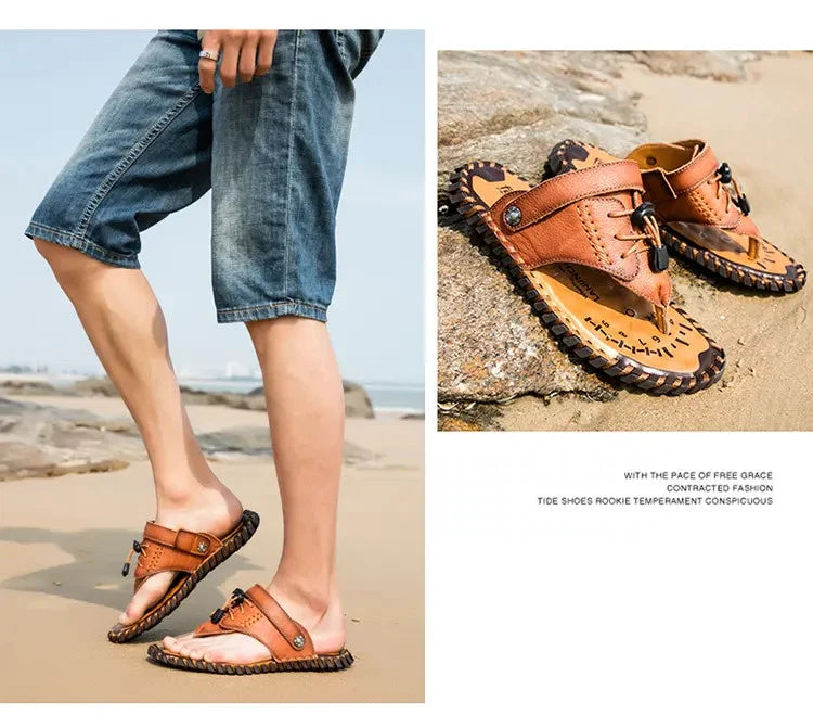 38-48 Plus Size Mens Real Leather Flip Flops Sandals Slipper Beach Holiday Shoes