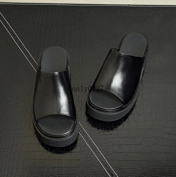 Real Leather Platform Slippers Men's Open Toe Casual Slip On Block Heel Sandals