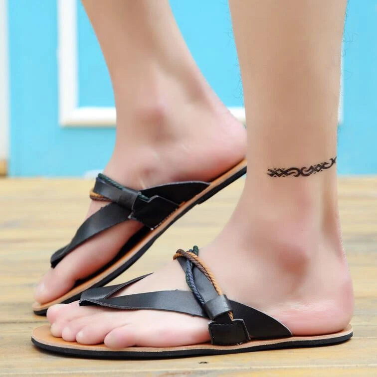 Mens Summer Clip Toe Strappy Sandals Flat Roman Shoes Beach Thong Shoes Slippers