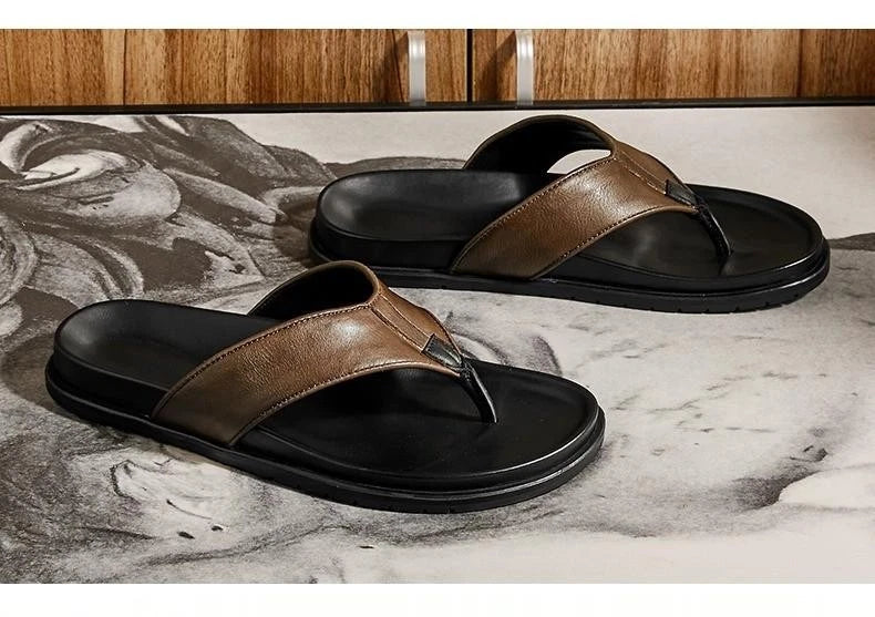 Fashion Men's Clip Toe Leather Slippers Flats Beach Holiday Casual Sandals Shoes