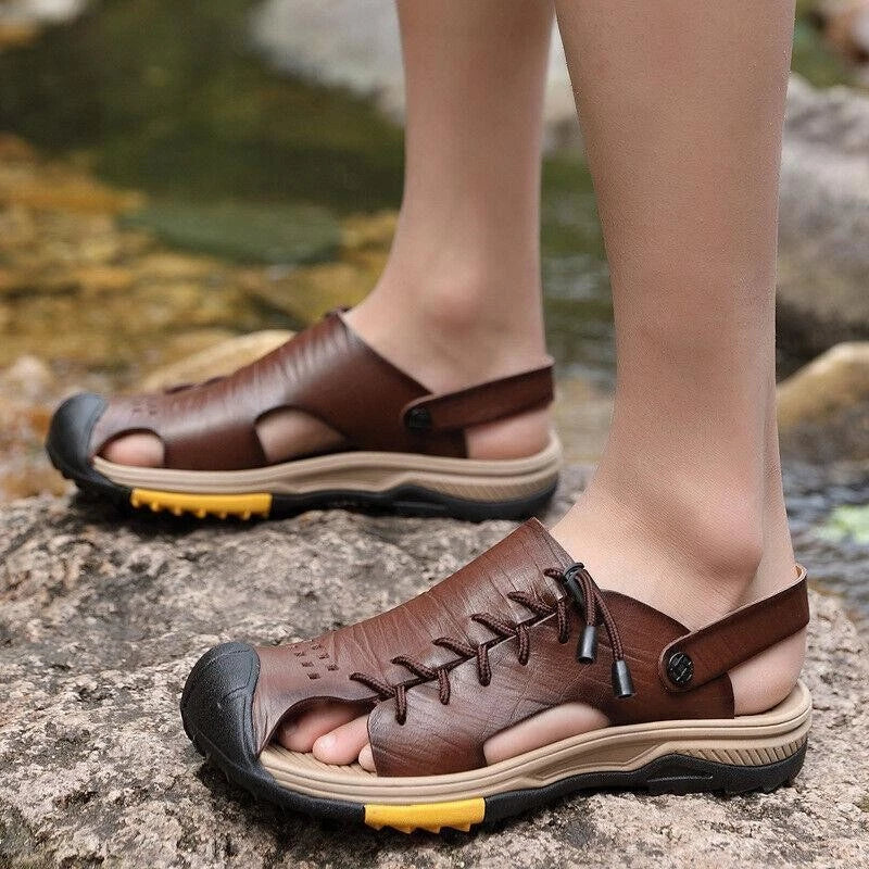 Summer Men's Flat Faux Leather Closed Toe Sandals Beach Outdoor Casual Slippers