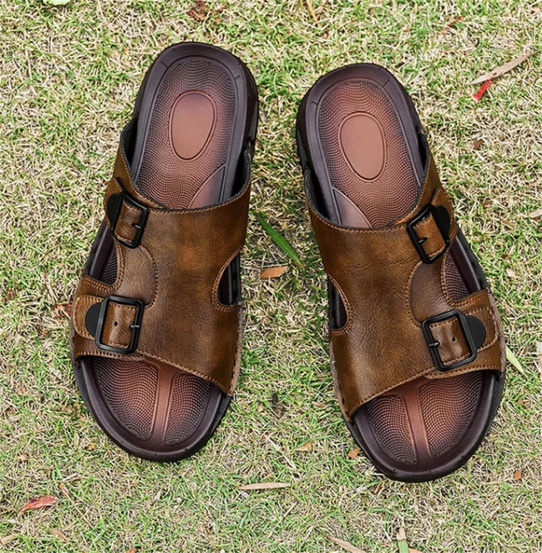 Men's Leather Slip On Beach Sandals Fashion Summer Outdoor Casual Slippers