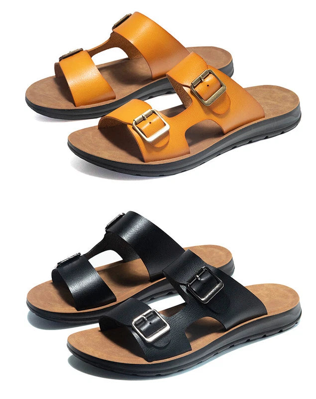 Mens Beach Summer Flats Heel Sandals Buckles Open Toe Slipper Leather Shoes 2025