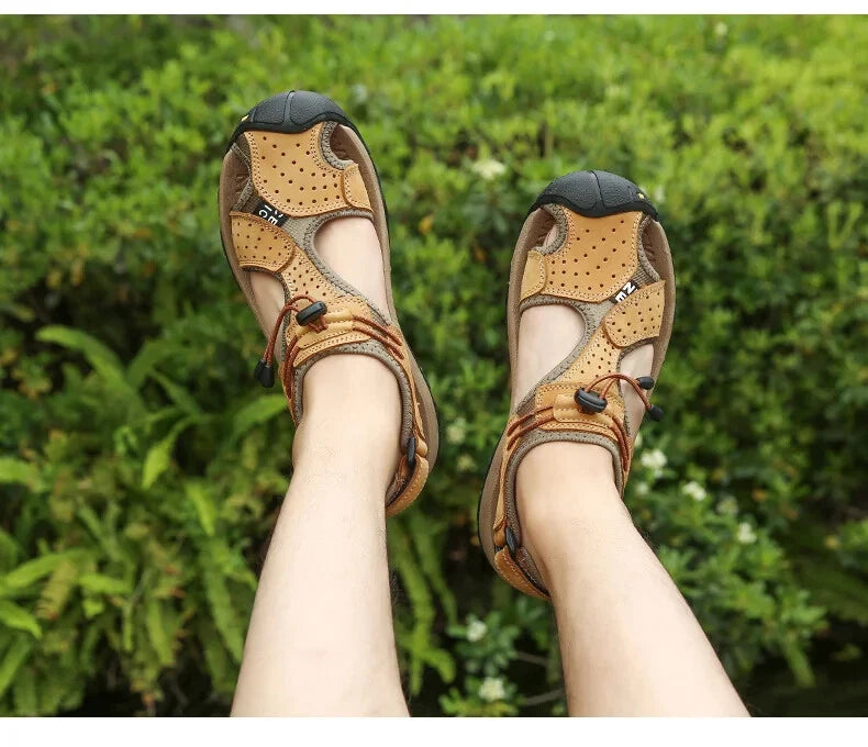 Summer Men's Leather Sandals Outdoor Beach Shoes Comfort Casual Lackk Up Slipper