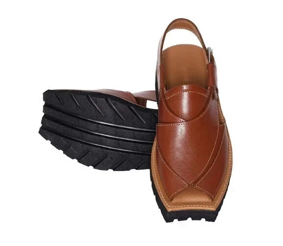 Handmade Men's Cowhide Streaky Leather Brown Color Leather Peshawari Chappal Men
