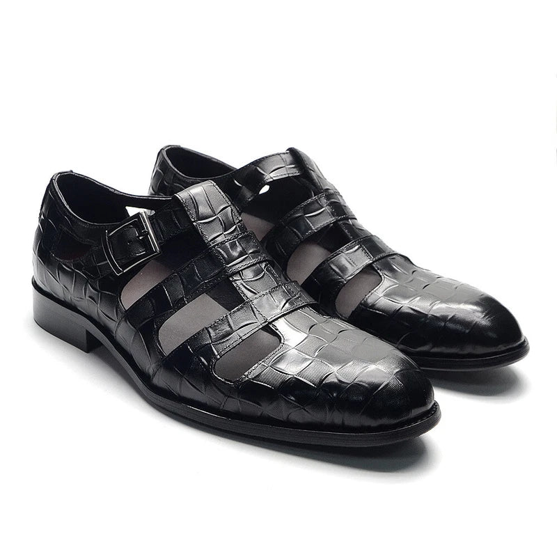 Mens Summer Embossed Leather Sandals Outdoor Casual Hollow Out Breathable Shoes