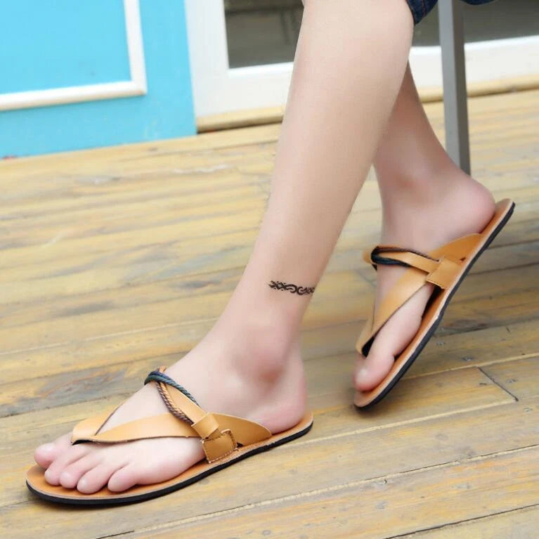 Mens Summer Clip Toe Strappy Sandals Flat Roman Shoes Beach Thong Shoes Slippers
