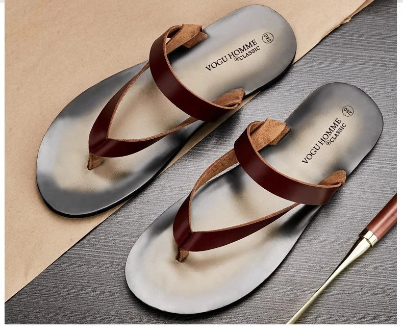 Men's Cowhide Slippers Casual Leather Flip Flops Breathable Slip on Beach Shoes
