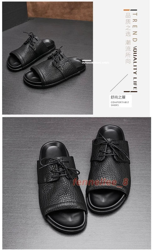 Mens Real Leather Cowhide Open Toe Casual Outdoor Beach Holiday Sandals Slippers
