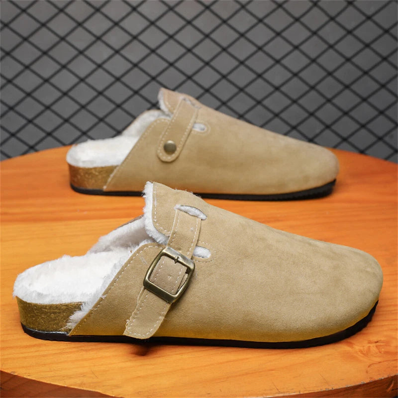 Men's Cork Clog Antislip Sole Warm Slippers Mules Sandals with Adjustable Buckle